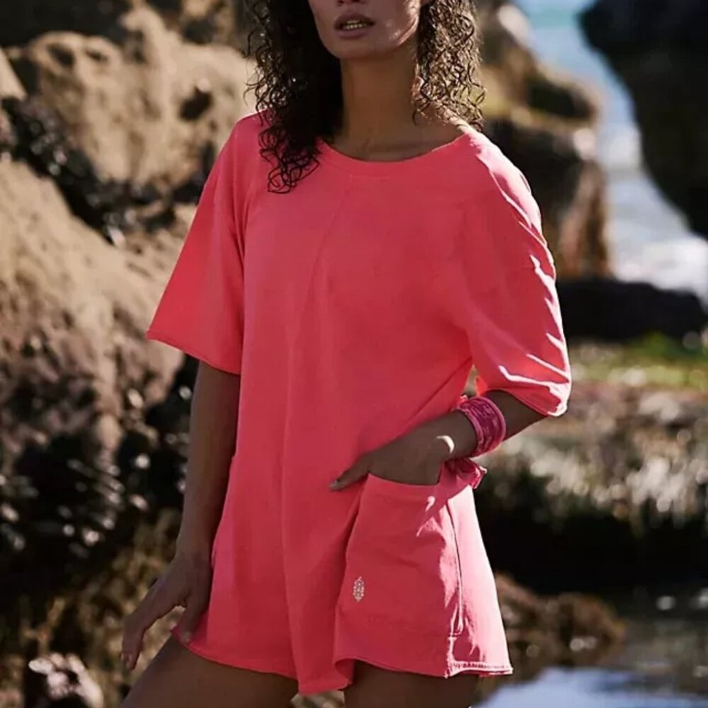 Free People Movement Hot Shot Tee Romper Size M Electric Sunset Neon Pink